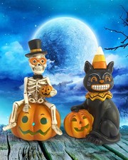 iStatue Halloween Decorations, 2-Pack Resin Black Cat  Skeleton on Pumpkin