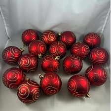 Set of 17 Red Matte Glass Gold Glitter Swirl Christmas Ball Ornaments w/Gold Cap