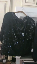 DESIGNER Vintage Oleg Cassini  Silk Beaded Sweater Sequin Formal Black Tie S Top