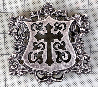 Ornate Gothic Style Cross Shield Belt Buckle Silver Tone 4'' 