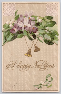 Englewood, NJ  A happy New Year greeting with bells and mistletoe, Divided Back