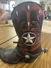 New Hanging Western Cowboy Boot Bird House With Silver Spur Star Brown Black 11”