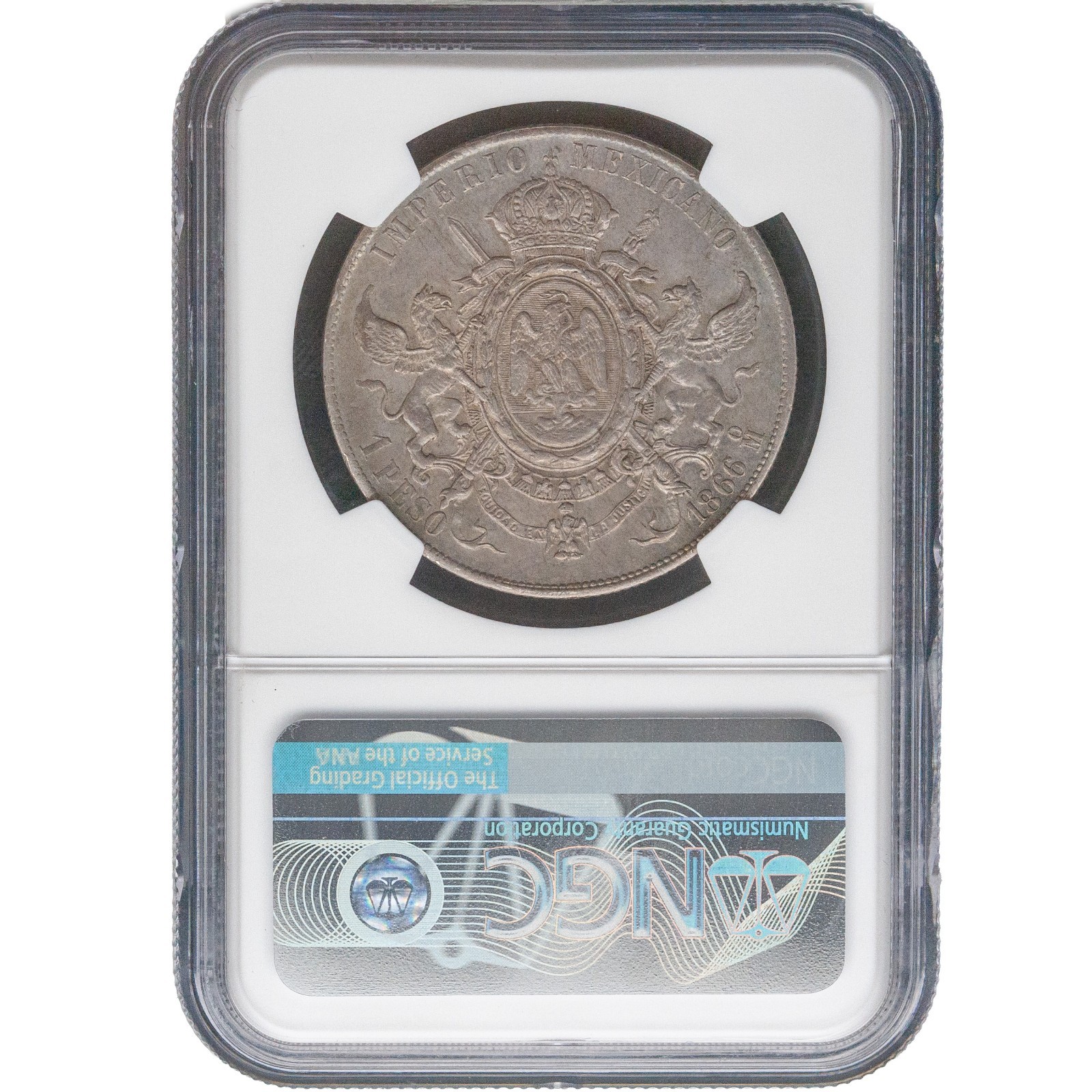 1866 Mo 1 Peso Maximilian NGC AU55 Mexican Empire KM#388