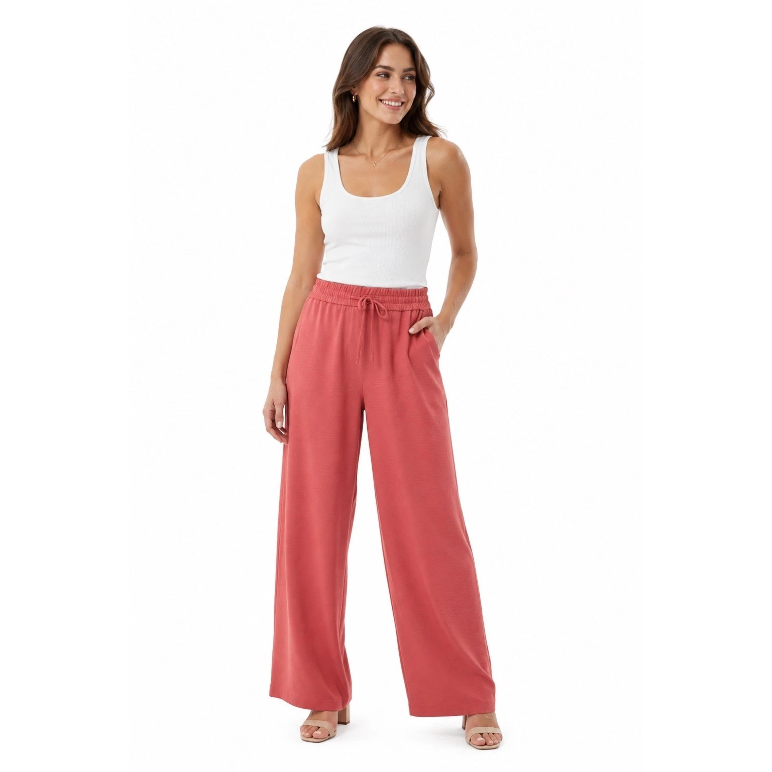 May You Be Women's Palazzo Wide Leg Pants Coral Textured Drawstring Medium NEW