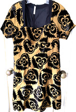 PRADA SILK CAMEL BLACK VELVET JACQUARD Sz 46 SQUARE NECK SHEATH SHORT SLEEVE ZIP