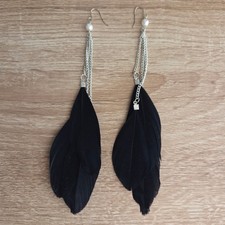 Feather Earrings Black Long Dangle Boho Chic Hook Hippie Festival