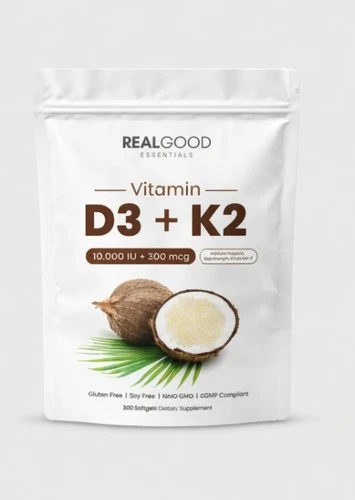 Real Good Essentials Vitamin D3+K2 – 300 Coconut Oil Softgels,High Absorption