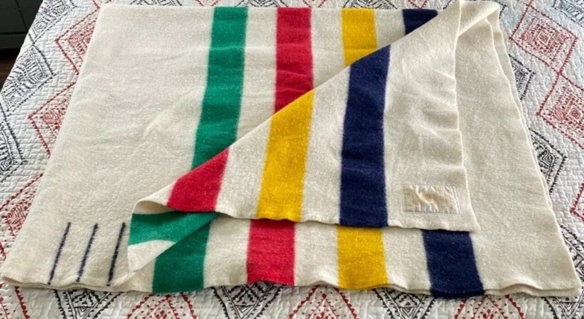 Vintage HUDSON BAY POINT 100 WOOL BLANKET Stripes England QUEEN eBay