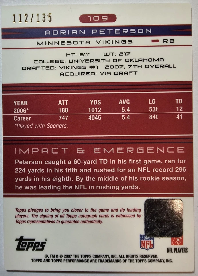 2007 Topps Performance Adrian Peterson #109 Bronze Rookie Autographs Topps /135 - Image 2 of 2