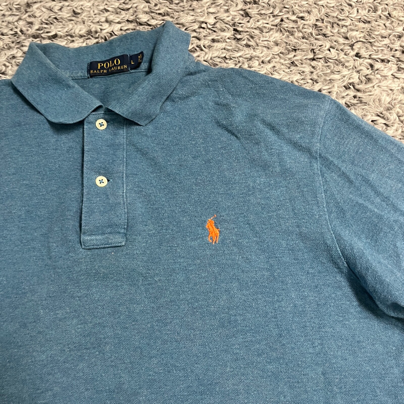 Polo Ralph Lauren Camicia Adulto Large Blu Arancione Pony Manica Corta Casual Uomo