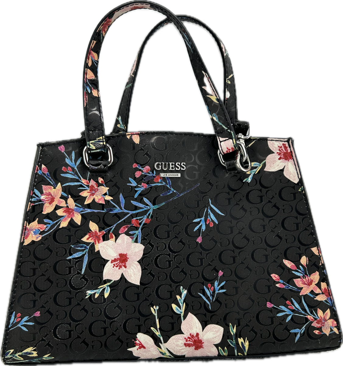 NWOT Black Guess Women's Pink Floral Leather Crossbody Handbag w