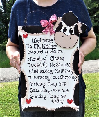 17'' COW Kitchen Operating Hours SIGN Plaque Wall Barnyard Farm Decor Wood
