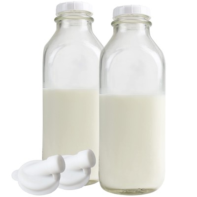 1 Ltr. 33.8 oz. Glass Milk Bottle Vintage Style with Cap & NEW Silicone Pour ...