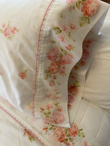 Vtg JC Penney Full Flat Sheet 2 Pillowcases Pink Roses Embroidery Lace Cottage - Picture 6 of 24