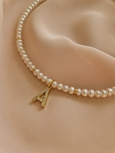 Dainty Freshwater Pearl Initial Choker Necklace For Women - Picture 2 of 5