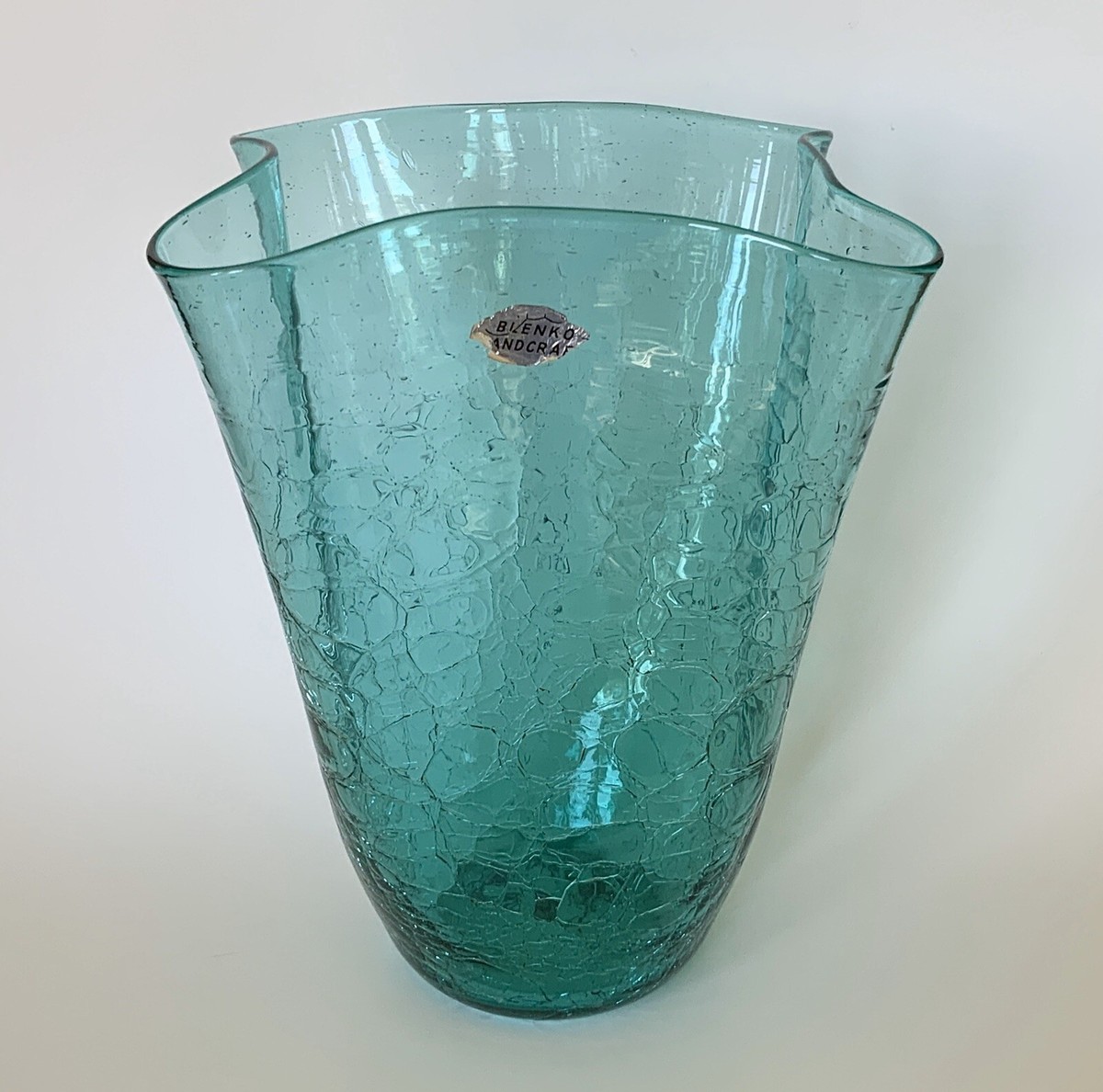Vintage BLENKO Glass Sea Green Crackle Handkerchief Large