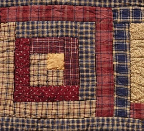 Hand Quilted 36" Table Runner Log Cabin Patchwork Red Tan Blue Millsboro - Image 3 of 4