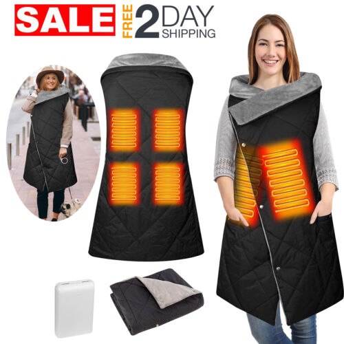 Black Cordless USB Wearable Portable Heated Blanket Battery Operated For Women