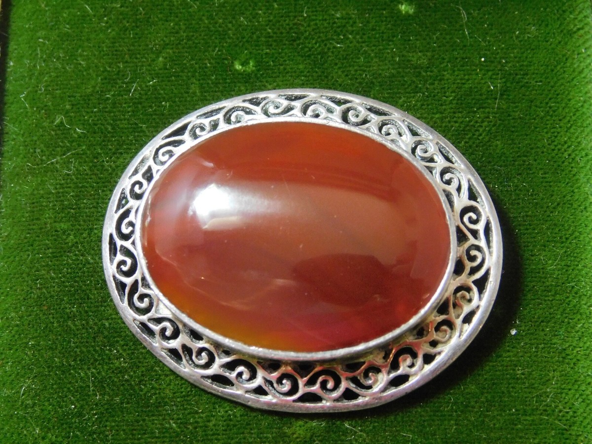 Ancienne Broche En Argent Massif 925, Cabochon De Cornaline Et Marcassite - Bijou Vintage
