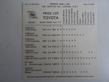 TOYOTA (G.B.) LTD BRIXTON HILL LONDON S.W.2 UNDATED 1960's? PRICE LIST