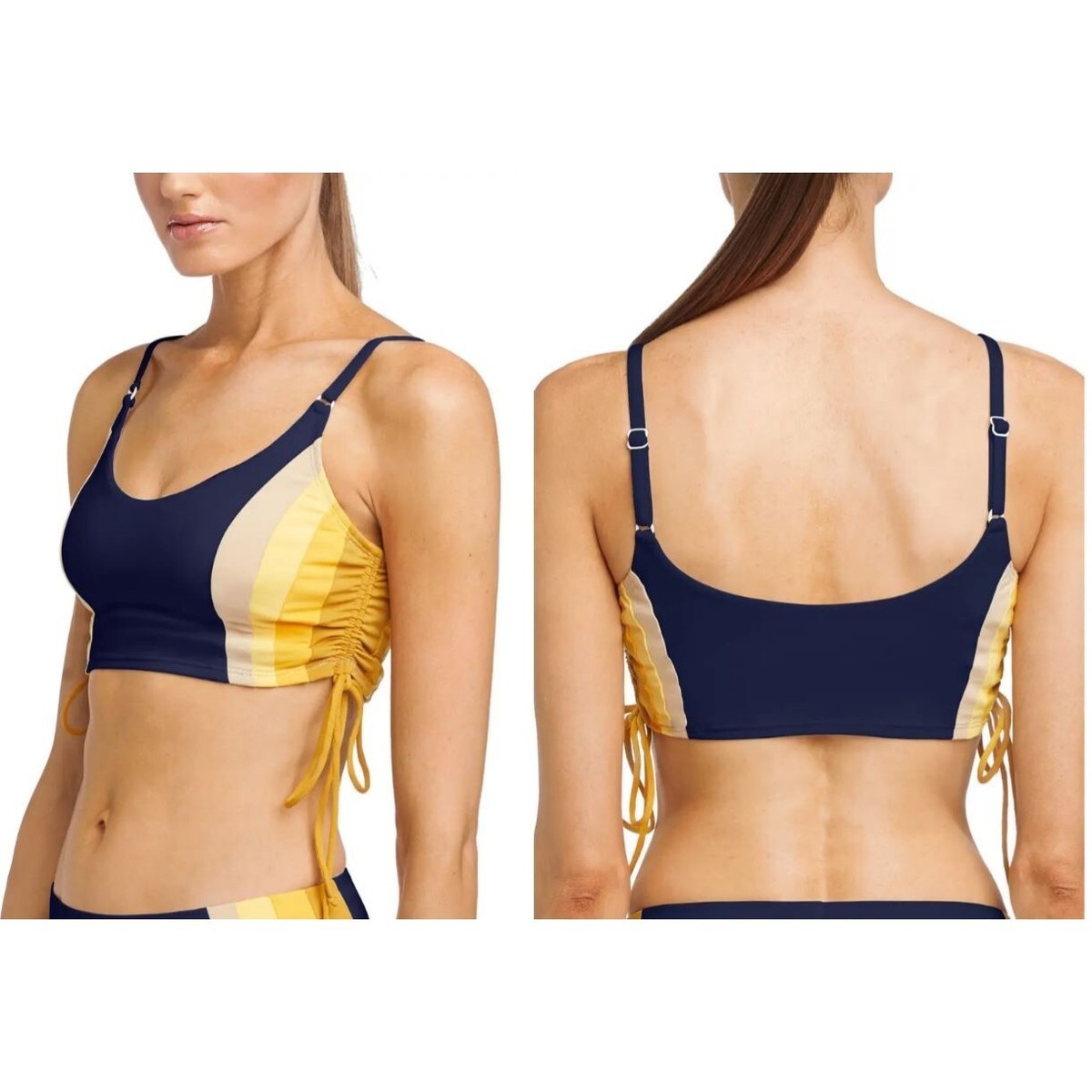 Robin Piccone Charlie Stripe Longline Ruched Bikini Top Ink