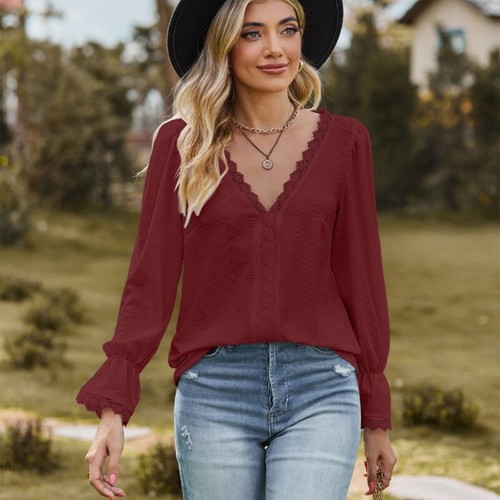 Women Flare Long Sleeve Loose Shirt Lace Crochet V-Neck Jacquard Tunics Blouse - Picture 7 of 38