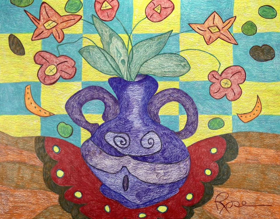 "Bodegón colorido 14x17"" dibujo original flores abstractas en florero ramo" Foto 2 de 4