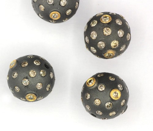 12mm Round Pave Diamond Beads 925 Silver Handmade Diamond Findings 14K Gold Bead - Picture 10 of 12