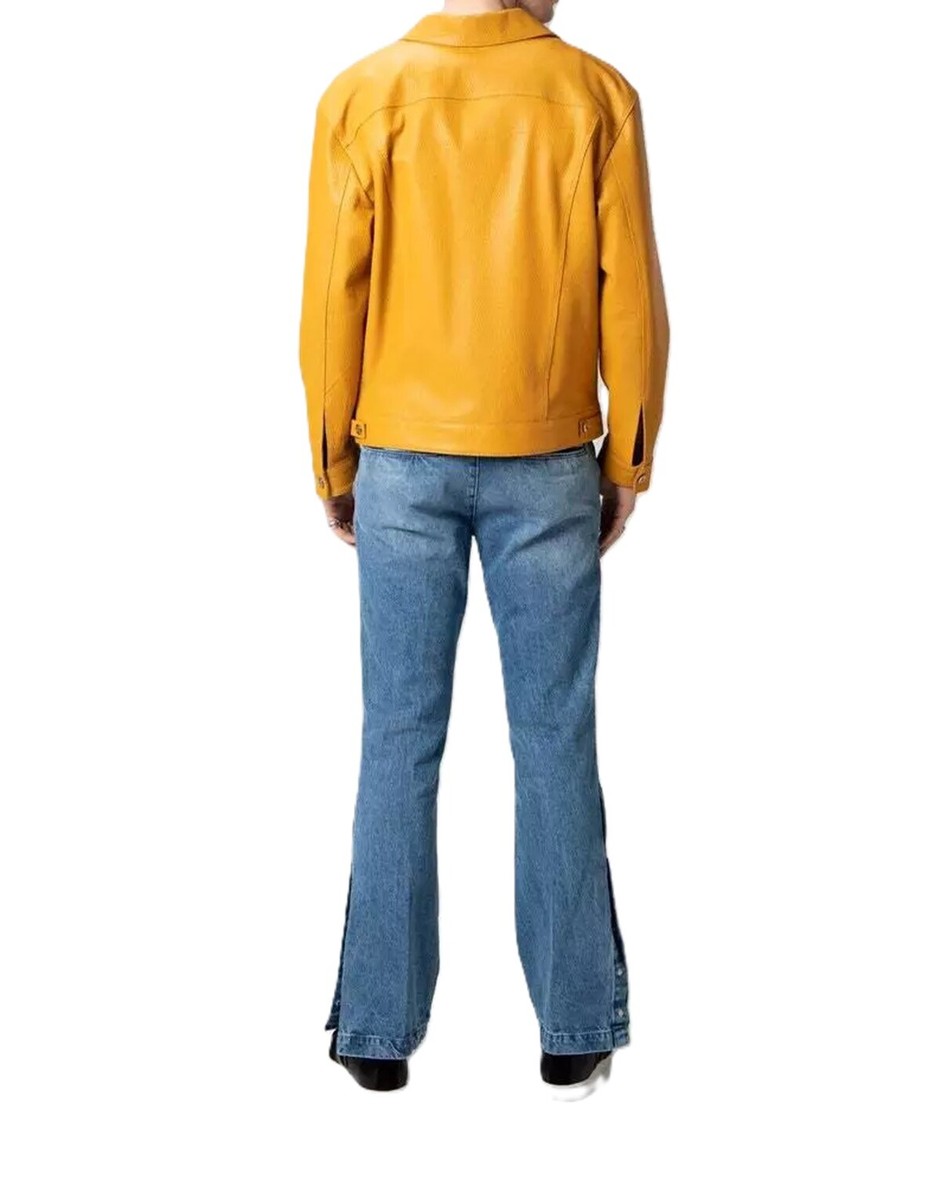 Men's Yellow Leather Trucker Jacket 100% Real Lambskin Denim Style