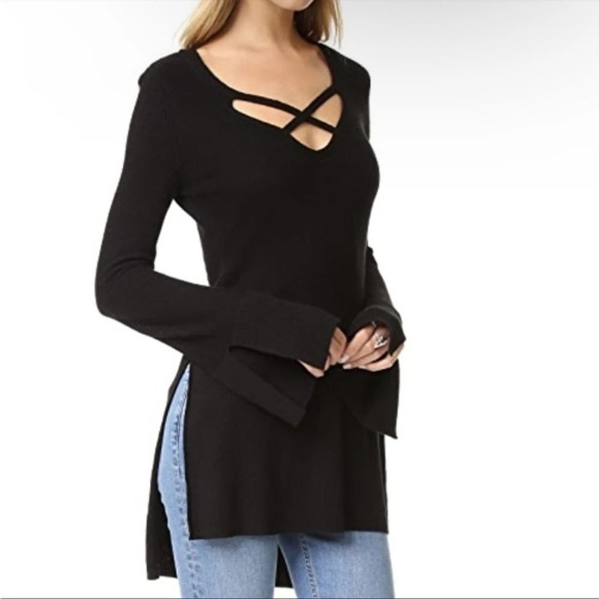Free People Womens Size M Criss Cross Black High Low Tunic Sweater