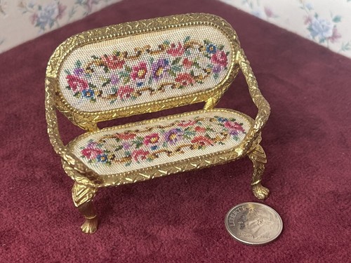 Small Scale Gold Petit Needlepoint Louis the 14th Miniature Settee - Picture 7 of 9