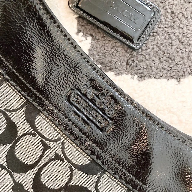 Coach Logo Denim Patent Leather Gray Black 12568 Zip Crossbody Hobo Bag Purse - Image 4 of 4