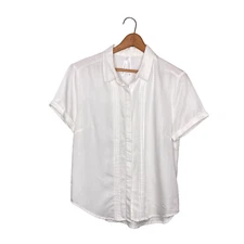 Liverpool Small White Pleated Detail Lyocell Short Sleeve Button Front Shirt Top