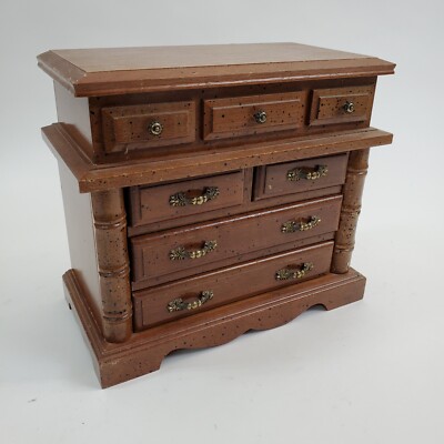 Vtg Bamboo/Centurion Stained Wood 4 Drawer Jewelry Box w/Vanity Lid Felt Lining