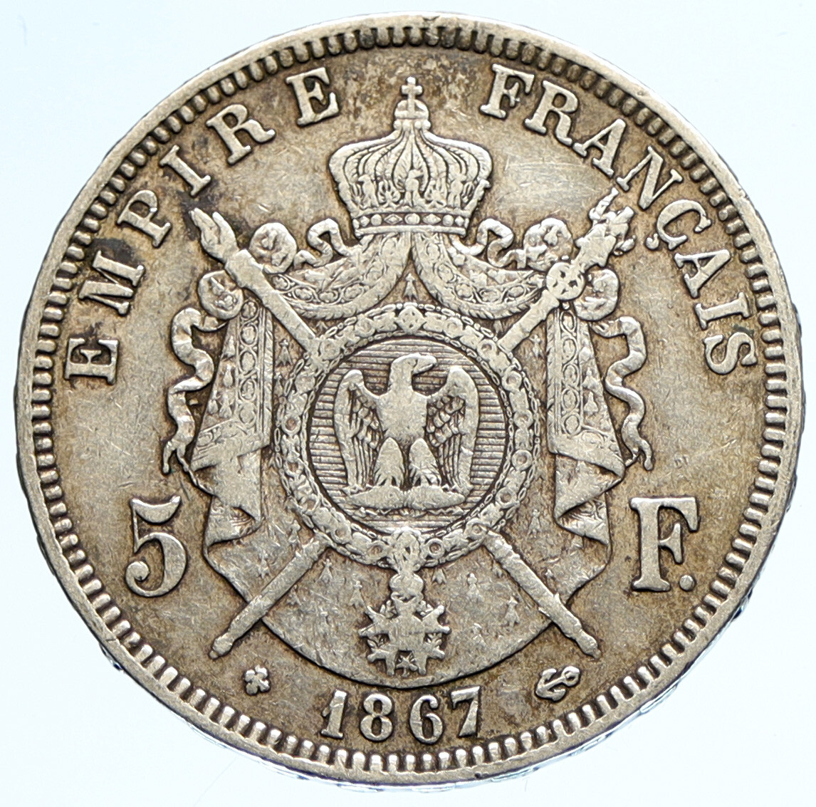 1867 FRANCE Emperor NAPOLEON III Crowned ARMS Silver 5 Francs