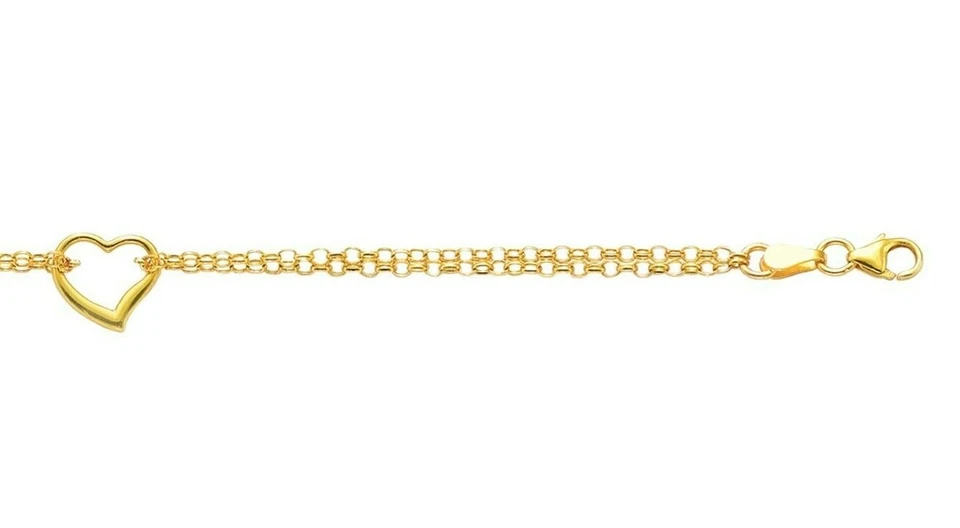 Brazalete Cadena Tobillera Corazón Abierto Brillante Oro Amarillo 14kt 10" 2,5 gramos