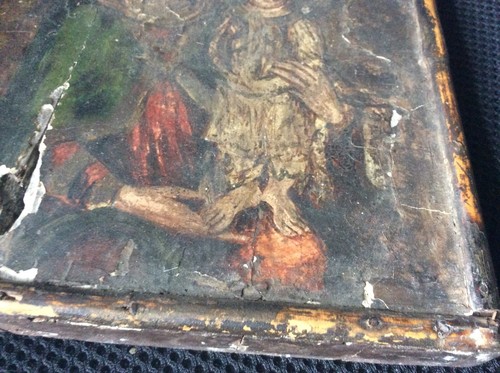 Antiguo icono de panel de temple/madera pintado a mano Virgen María y Cristo - Imagen 8 de 12