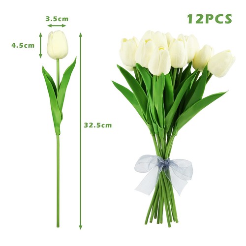 Kesote Set: Weiße Künstliche Tulpen aus Latex, Hochwertige Deko-Blumen - Bild 4 von 6