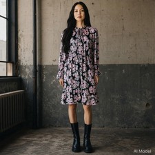J.Crew Mercantile Floral Dress Womens Medium Pink Black Long Sleeve Tie Neck