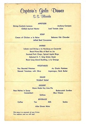 Captains Gala Dinner Menu on board S S Florida P&O Steamship Company 1950's