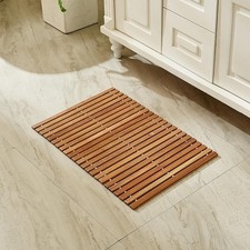24" x 16" Solid Teak Wood Shower Bath Mat Non  Slip Roll  Up Wooden Mat Drainable