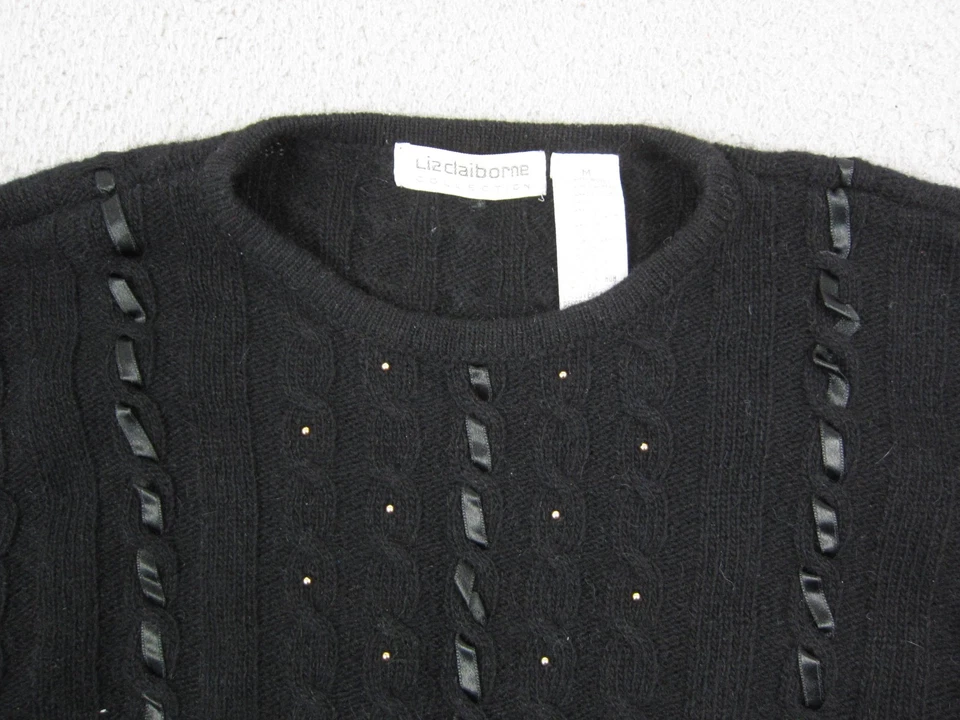 Suéter Liz Claiborne Mujer Mediano Negro Corderos Lana Angora Cable Tejido Cuentas Foto 2 de 4