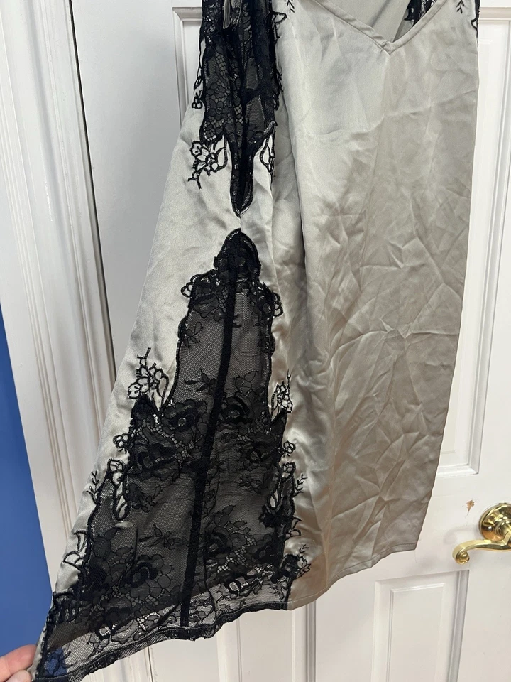Satin Slip Dress with Black Lace Trim | Size M (UK 8/US 4/EU 36) | Silver Gray - Image 3 of 4