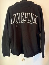 PINK Victoria s Secret Quarter Zip Pullover Sweatshirt Black Oversized Logo Larg