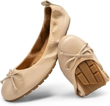 Dream Pairs Women's Foldable Bowknot Round Toe Ballet Flats - Nude - Sz 11
