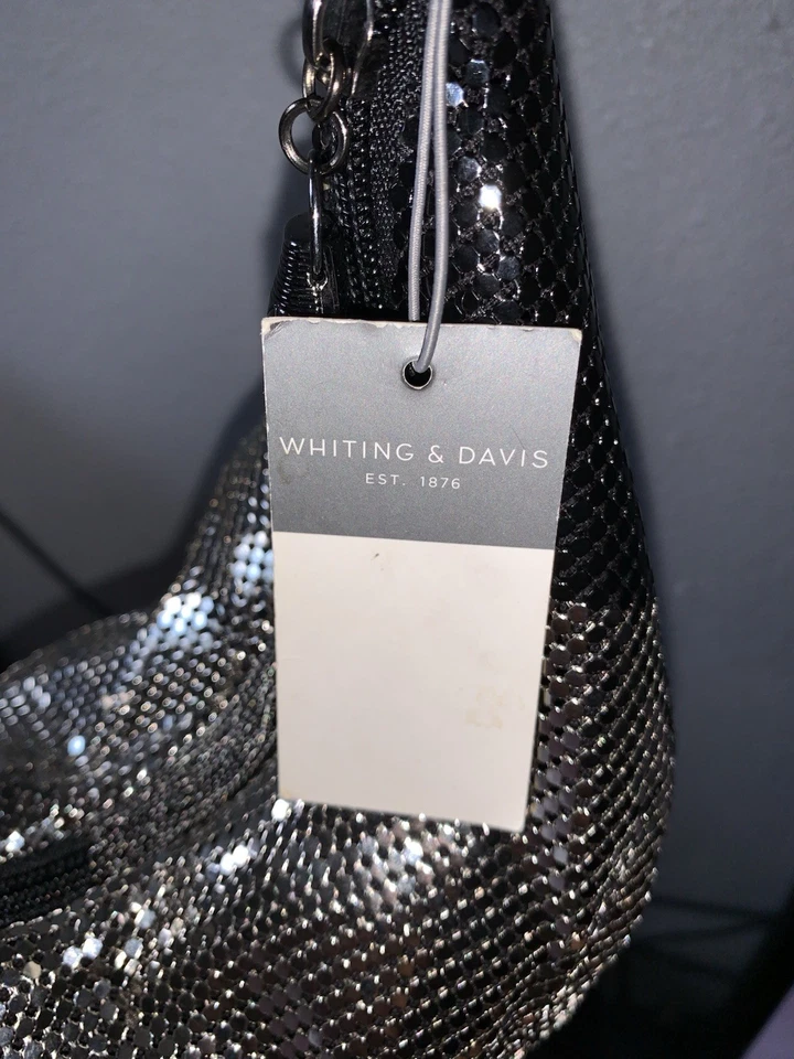 Bolsa de ombro Whiting & Davis metal preta/prata nova com etiquetas - Imagem 4 de 4