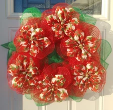 24" Inch Poinsettia Wreath Handmade Poinsettia Flower Out Of Wired Ribbon