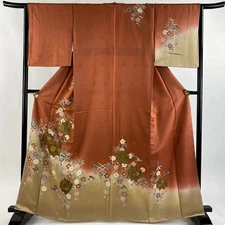 Japanese Silk Houmongi Kimono M 163cm Orange Thread spool Weeping cherry 5016222