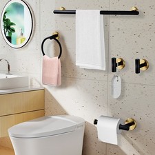 304 Stainless Steel Towel Rack Set 5-Piece Bathroom Hardware Set Black and Gold