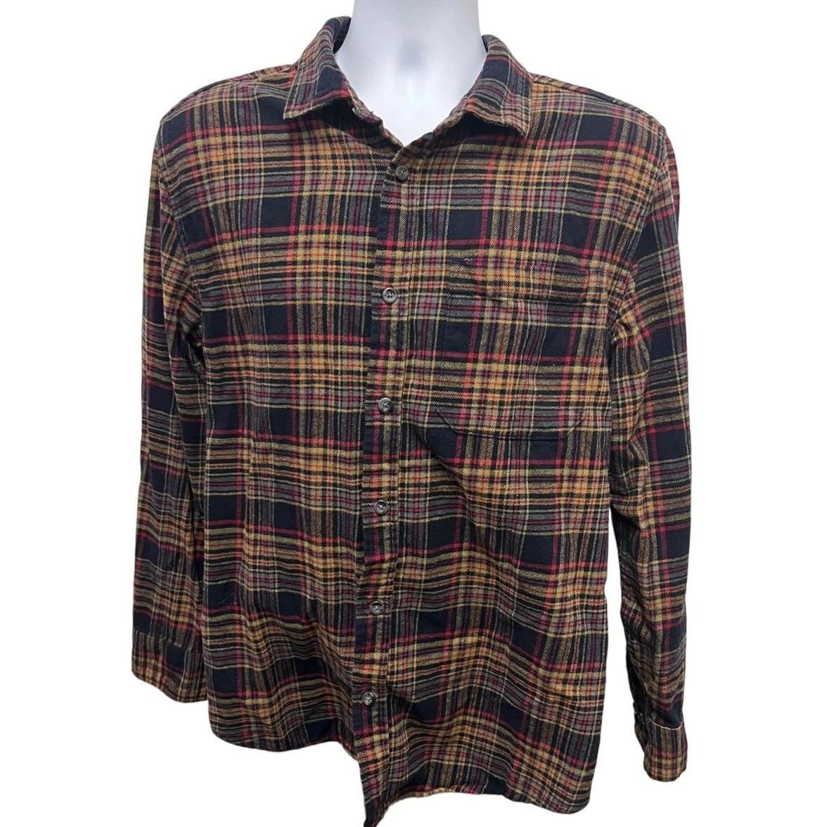 🪵 Eddie Bauer Plaid Flannel Shirt L – Red Yellow Navy Heritage Outdoors Style